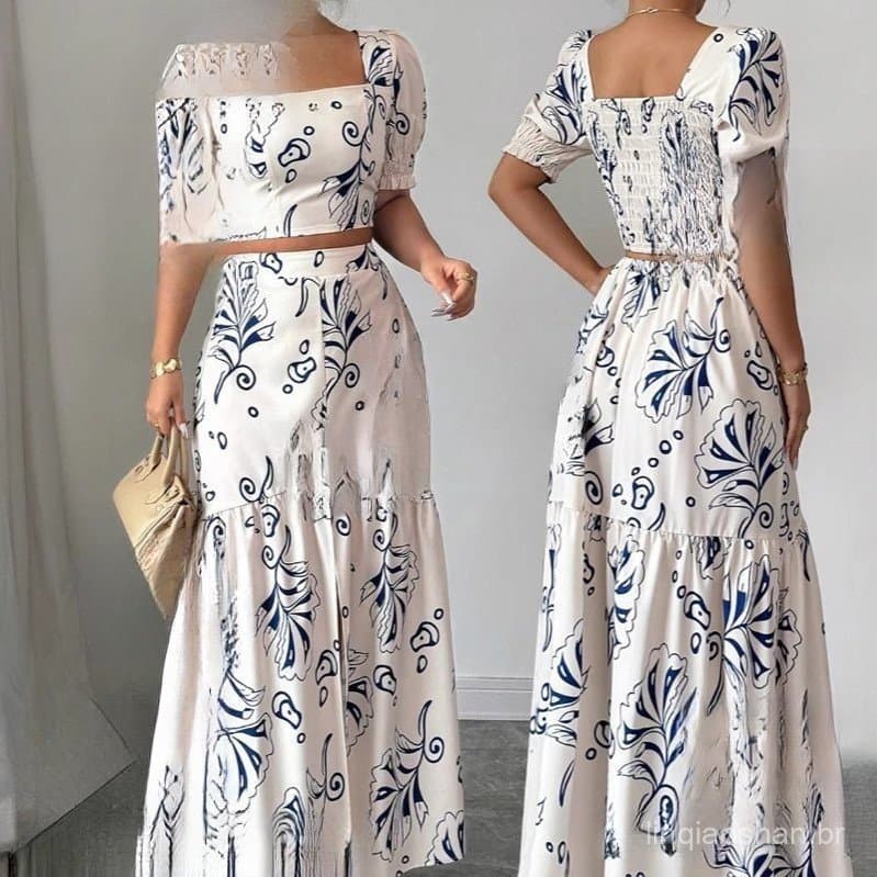 Conjunto de Saia e Camisa Estampadas para Mulheres, Decote Quadrado, Manga Curta 5CBM GX8I