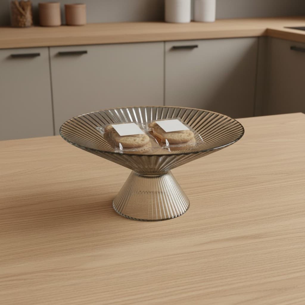 Fruteira Centro Mesa Vidro Fumê Canelado Pé Elevado Decorativa