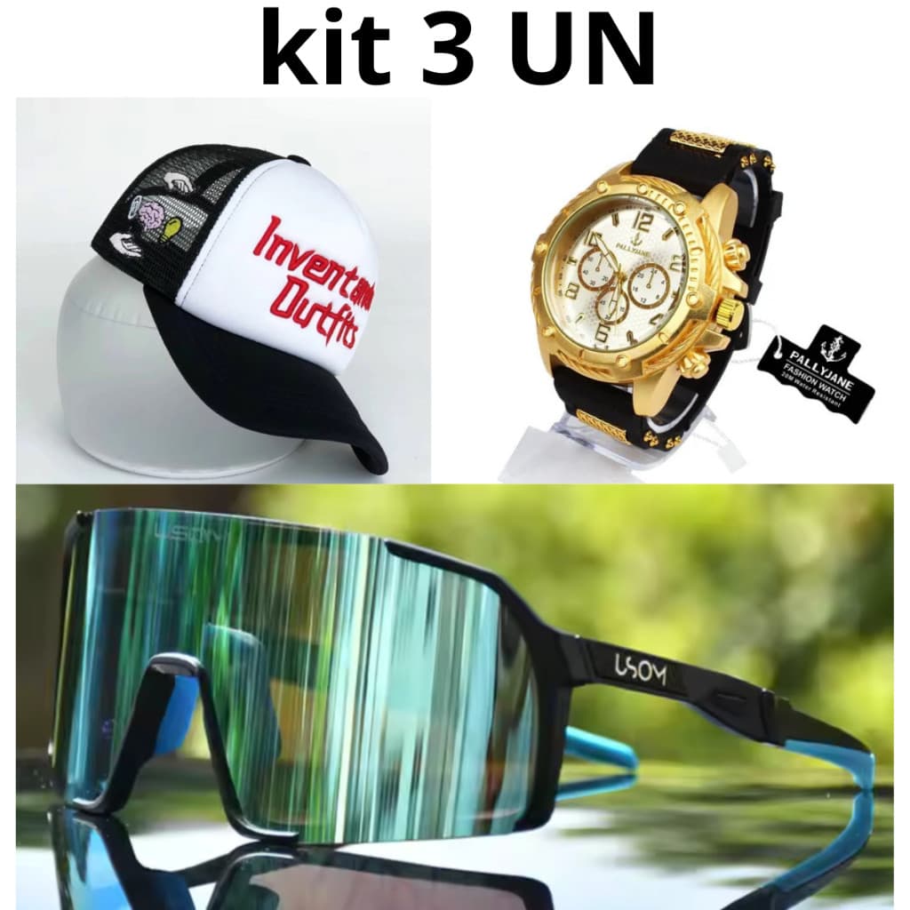kit 3 Variados Óculos de sol original +Relógio prova d'água +boné mais barato