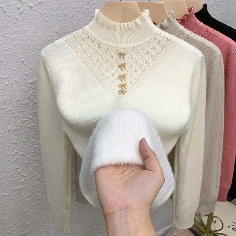 2026 outono inverno novo estilo malhas interior topo na moda de uma peça velo meia gola alta camisola feminina velo Lin