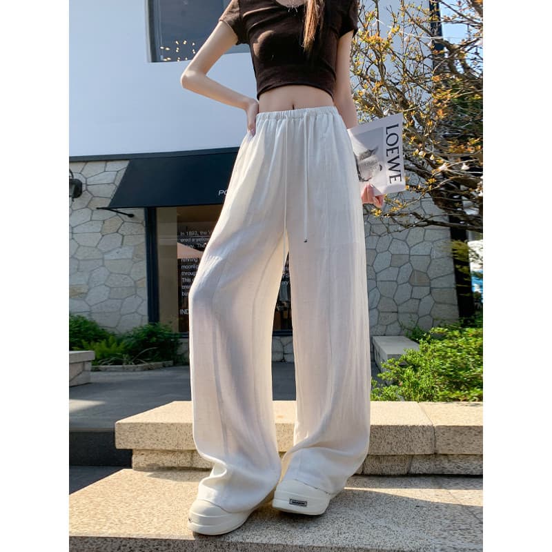 Tencel linho calças de perna larga Drape estilo dinheiro antigo calças casuais femininas branco verão Ultra-fino cintura