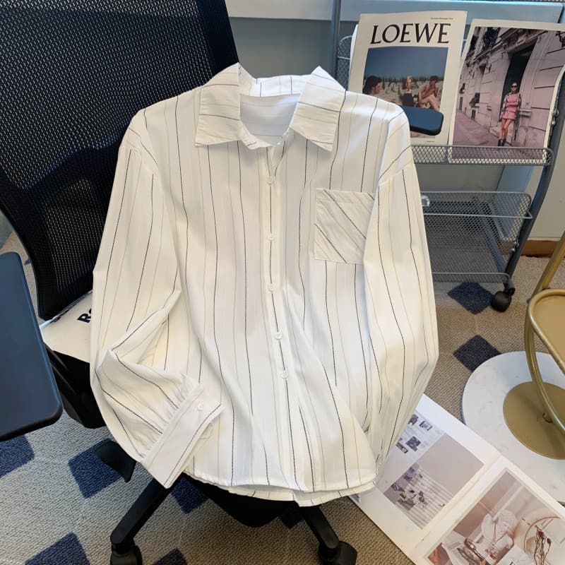 Estilo de sal usar moda solta camisa listrada feminina refrescante bolso High-End Casual lapela Commuter profissional to