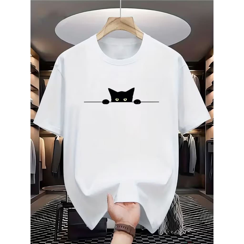Camiseta Padrão de Gato Fofo – Preto, Gola Redonda, Manga Curta, Roupa Casual de Verão, Camiseta com Design Divertido,