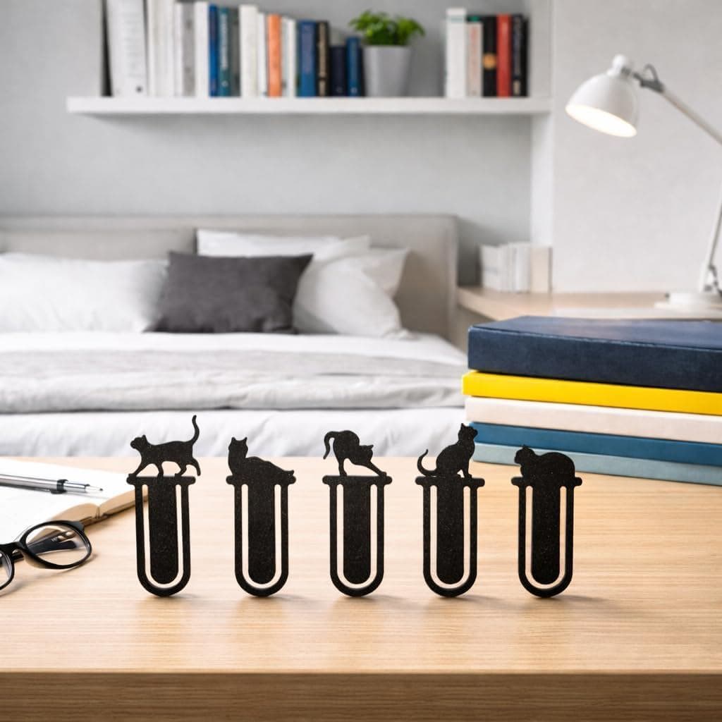 Kit 5 Marcadores de Página Gato, Decorativo Preto, Ideal para Livros e Presentes