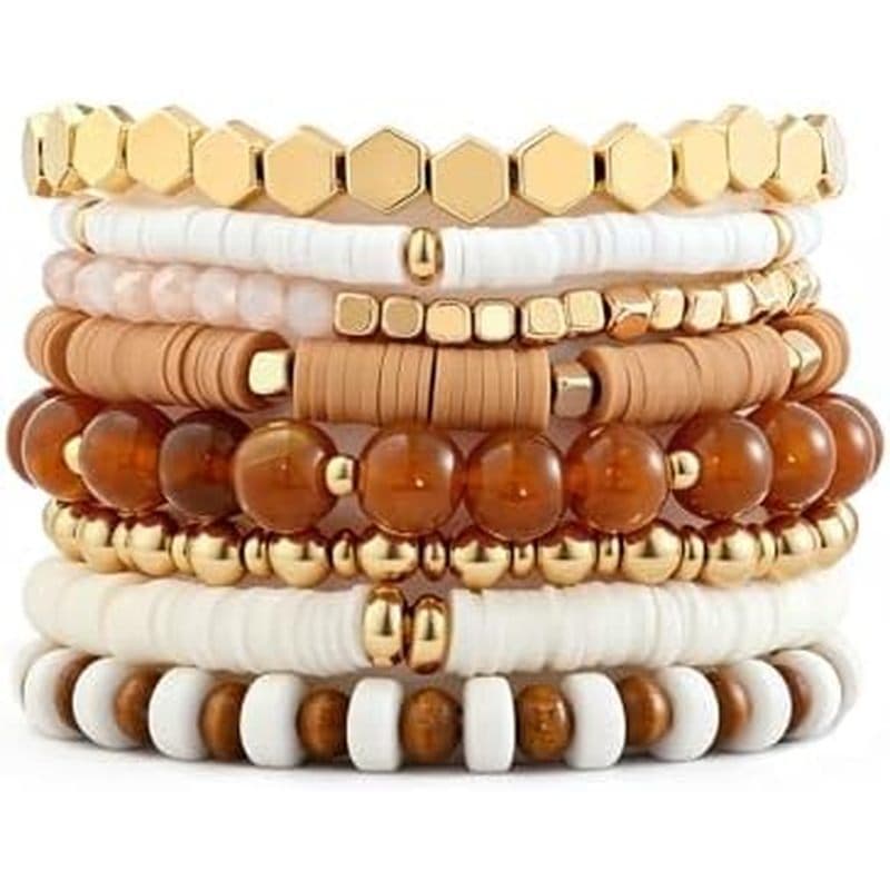 Boêmio Empilhável Banhado Frisado Estiramento Pulseiras Elásticas Argila Grânulo Para Mulheres Camadas Amizade Conjunto