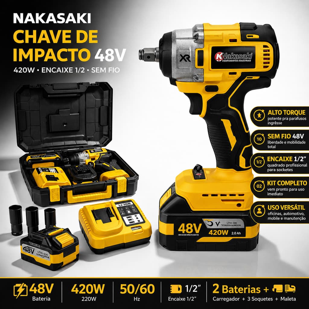 Chave de impacto elétrica sem fio Potencia de 420W 48V Com Bateria e Conjunto de acessórios com 3 Soquetes