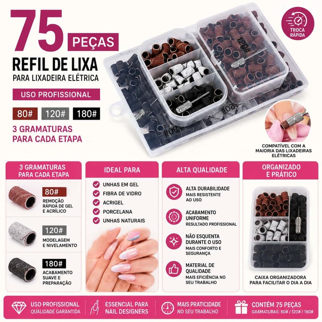 Refil Lixa Para Lixadeira Elétrica Unhas 75 Peças 80 120 180 Nail Designer Profissional