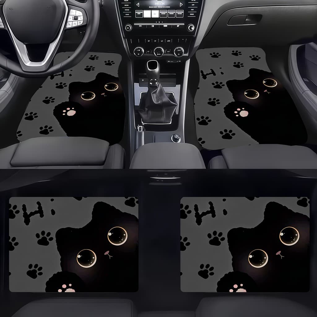 Conjunto de 4 peças de tapetes para pés de carro, lindos padrões de gato de desenho animado preto, Material macio, Desig