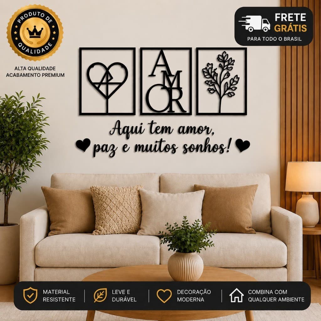 Kit 3 Quadros Decorativos Sala MDF Preto Coração Geométrico Amor Arvore Frase 2 Apliques de Coração