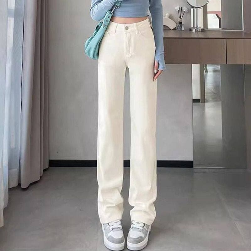 Stretch bege calças de brim retas femininas primavera outono novo estilo cintura alta mais magro olhar pequeno tubo de c