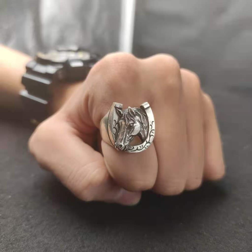 Anel Vintage de Prata Tailandesa com Design de Cabeça de Cavalo do Zodíaco, Design Único e Exclusivo, Anel Aberto para H