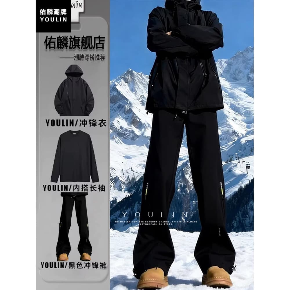 Preto Samurai jaqueta de três provas terno masculino forro de lã impermeável macacão jaqueta ao ar livre um conjunto cal