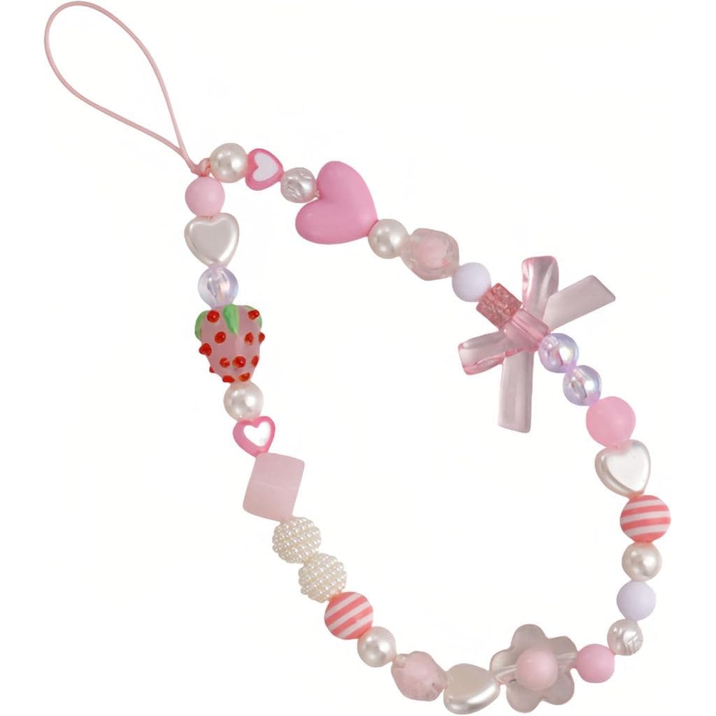 Alça de Telefone e Pulseira com Pingente de Morango - Cordão Anti-Perda com Contas Brilhantes para Câmera de Telefone, P