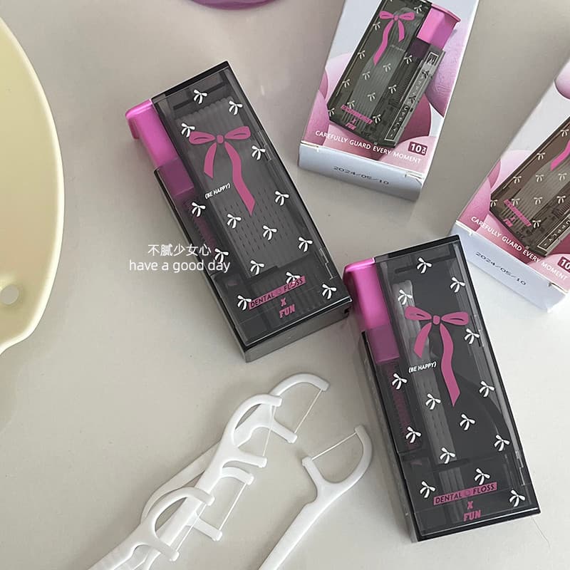 Não gorduroso menina coração rosa arco portátil caixa de fio dental automático Pop-up caixa de armazenamento de fio dent