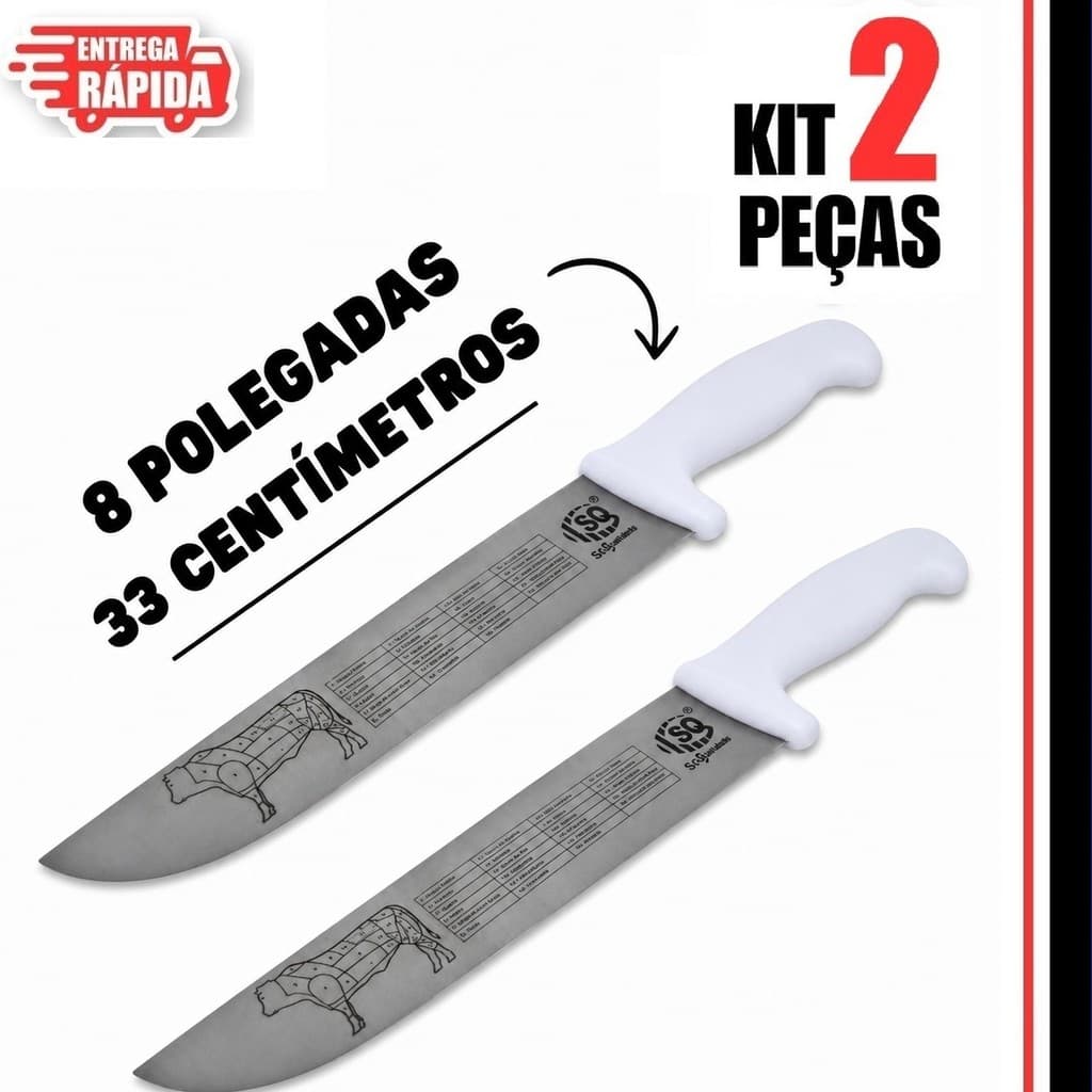 Faca de Carne Chef Aço Cabo Branco 8'' ou 10" Profissional Churrasco Entre a melhores facas de cozinha profissional