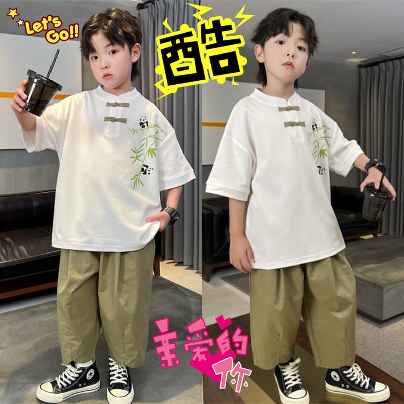 Crianças meninos conjunto chinês médio grande crianças de manga curta camiseta topo calças casuais crianças Hanfu dois c