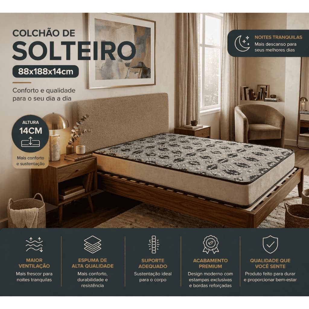 Colchão De Solteiro Espuma D28 14cm Dupla Face Bordado Qualidade Premium Pronta Entrega Hoje OFERTA
