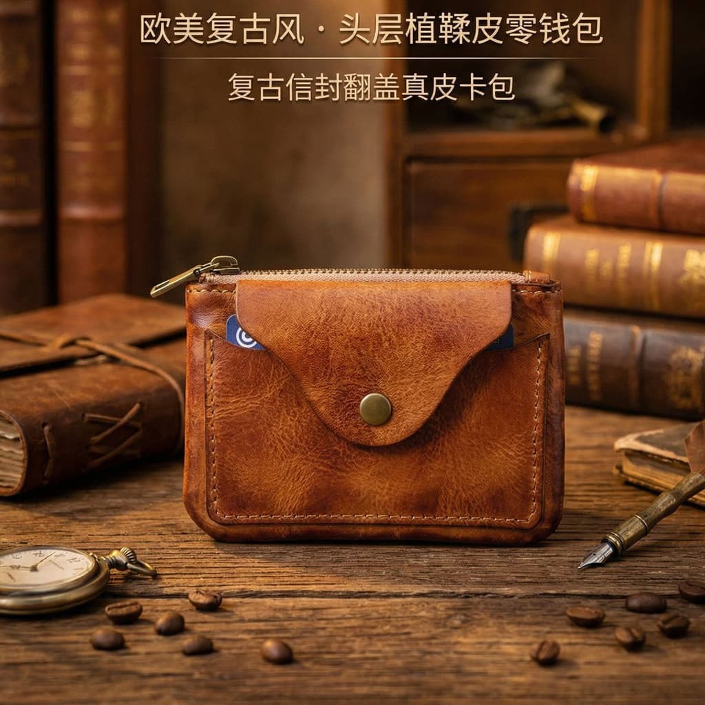 Bolsa De Moedas Com Zíper De Couro Estilo Angustiado | Organizador De Troca De Slots De Cartão Genuíno Mini Portátil Par