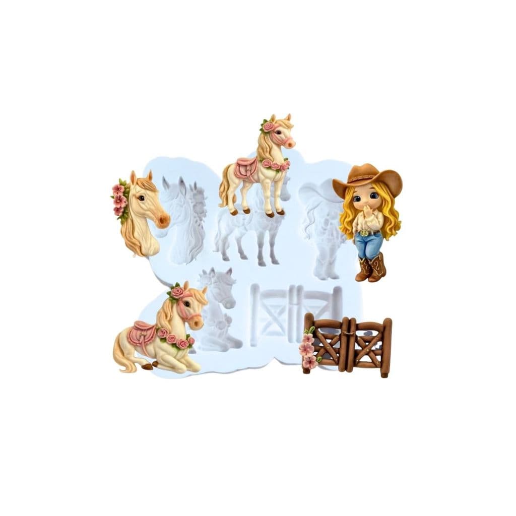Molde Silicone Cavalos Cerca Cowgirl Confeitaria Biscuit