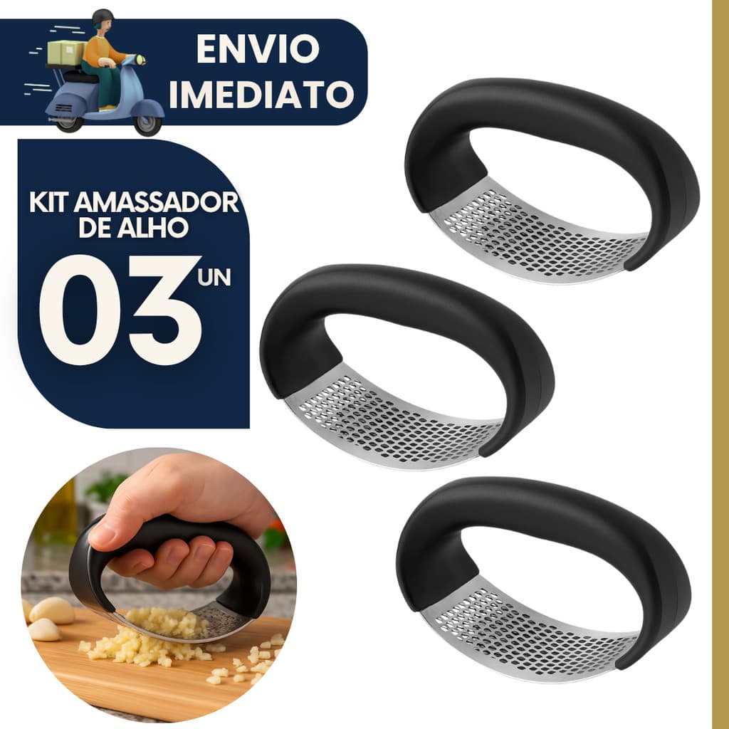 Kit 3 Amassadores de Alho Inox Manual Triturador Prensa Cozinha Espremedor Resistente