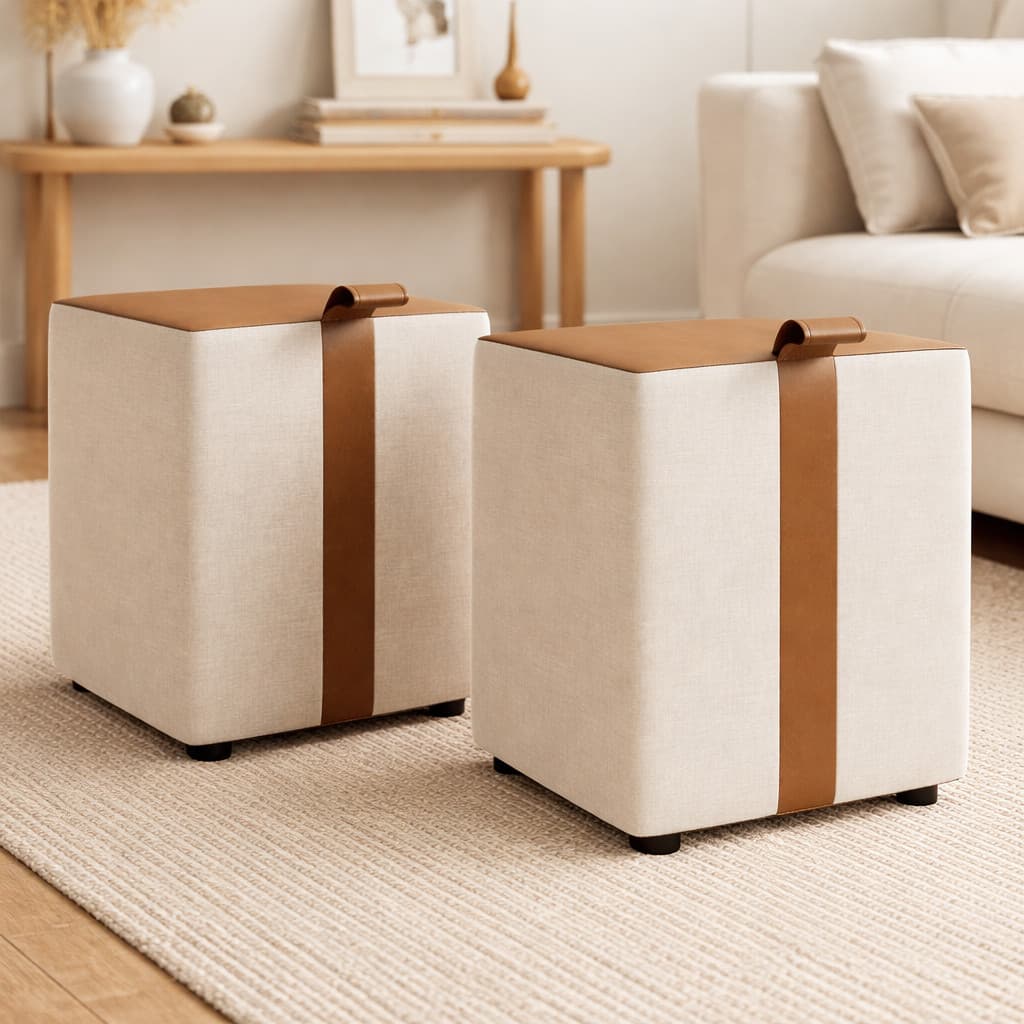 Kit 2 Puff Banqueta Cubo Em Couro Caramelo Linho Bege Cinza Éros Luxo