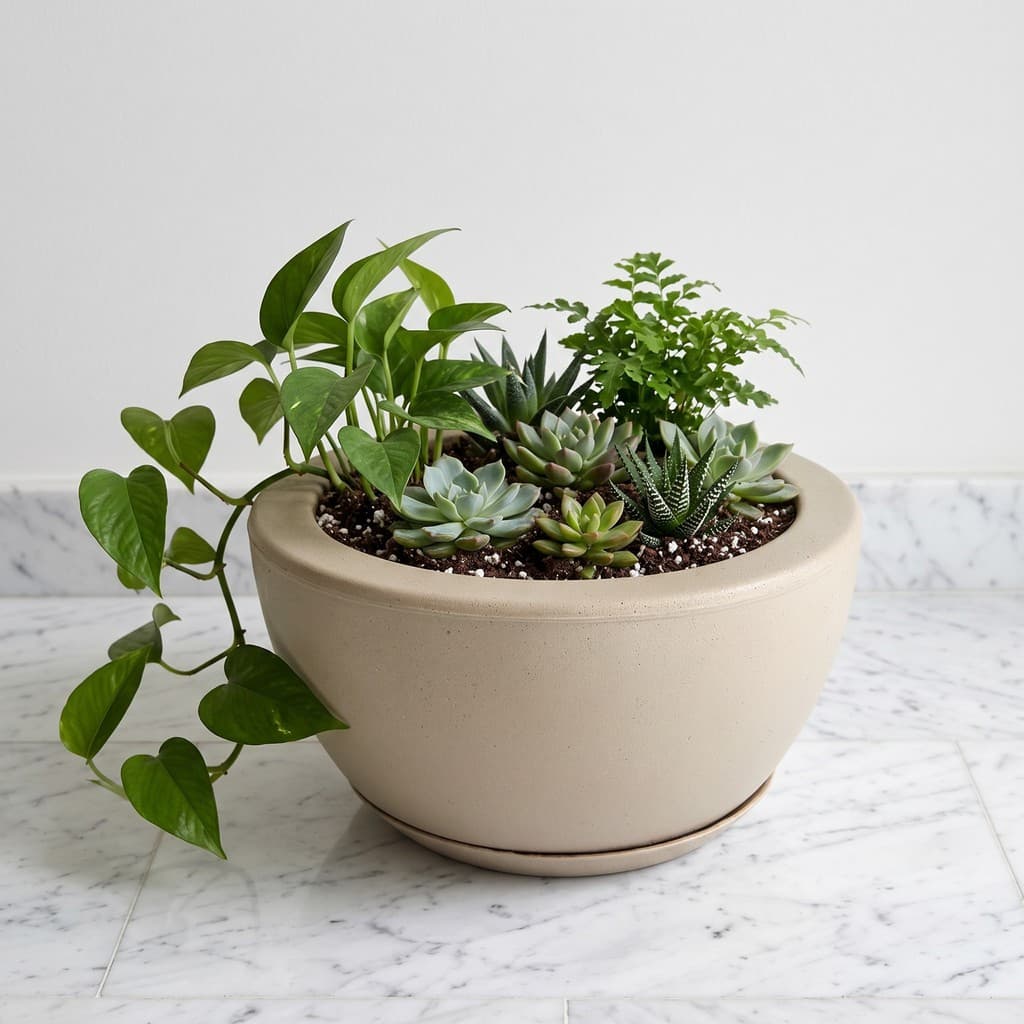 Vaso de Planta Decorativo Bacia 13x25 com Prato em Polietileno Liso Polido e Marmorizado Suculentas