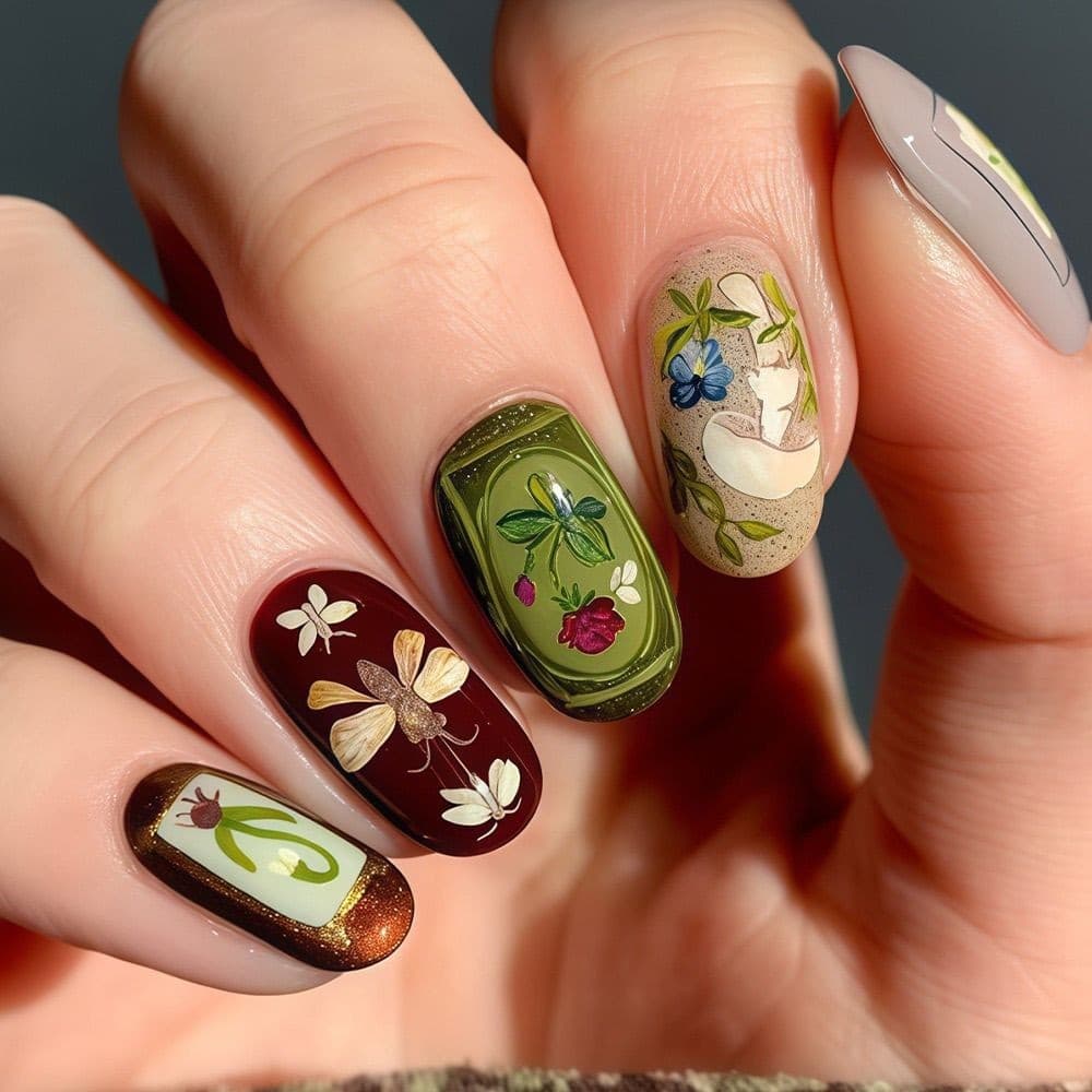 Usando unhas estilo Pastoral flor padrão estilo cogumelo inseto folha de Manicure destacável