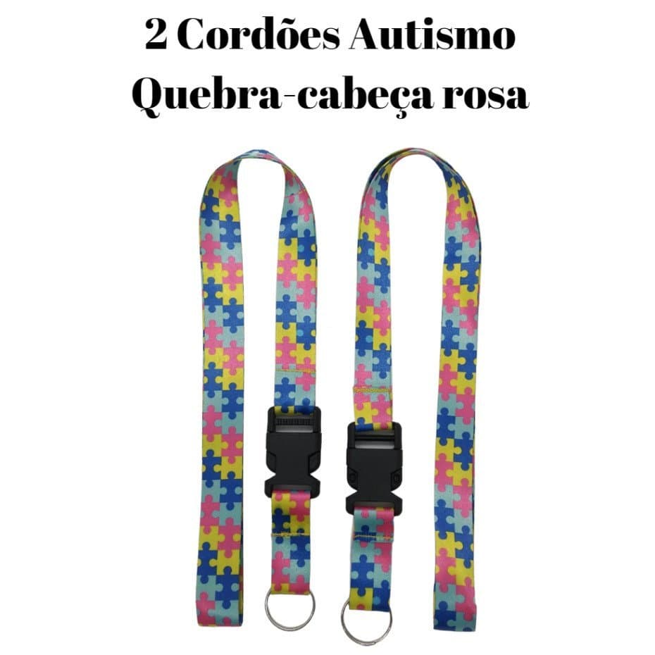 2 Chaveiro Cordões Moto Pescoço Fecho Engate Rápido Crachá Autista/TEA Quebra Cabeça Rosa