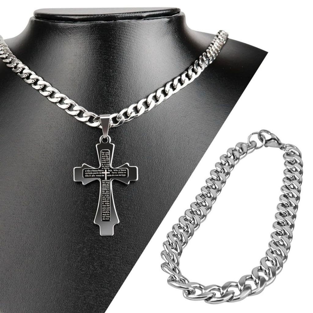 cordão aço inox prata + pai nosso cruz pingente + pulseira