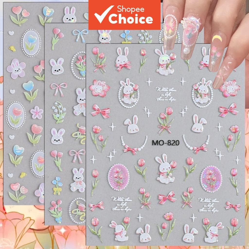 3/6/12 Folhas 5D Coelhinho Rosa Adesivos de Unhas Tulipa, Laço, Decalques Florais Autoadesivos para Manicure Fofa de