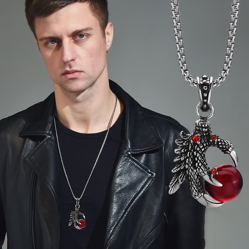 Colar com Pingente de Garra de Dragão em Aço Titânio com Pedra Preciosa para Homens IA0Z