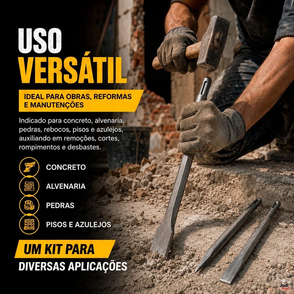 Jogo 3 Peças SDS Plus com Ponteira e Talhadeiras para Obras Reformas e Demolições