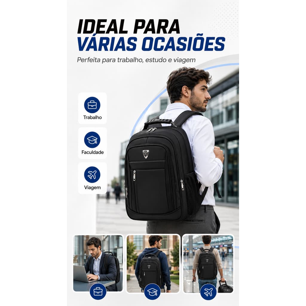 Mochila Executiva Grande 47×32×15cm com Vários Compartimentos para Trabalho, Escola, Viagem e Notebook