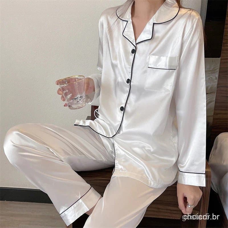 Pijama feminino Americano Cetim de Seda com Elastano Bolso e Botão Calça e Camisa Manga Longa