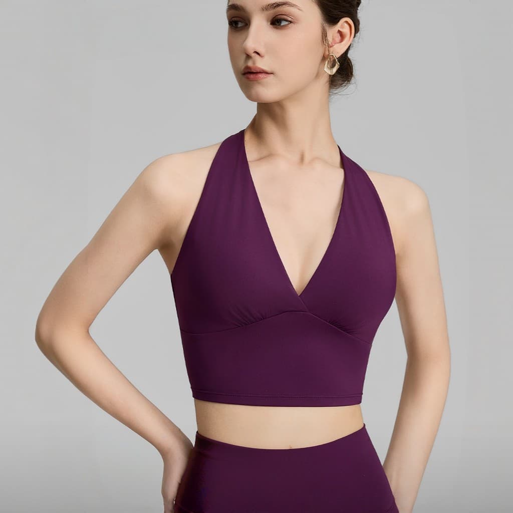 Halter roupa interior esportiva linda volta roupas de Fitness com decote em V sutiã de Yoga em forma de I bela volta Pil