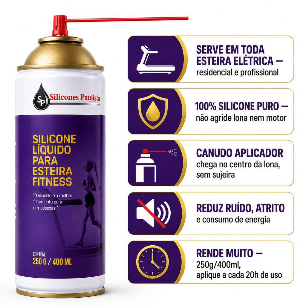 Silicone Spray Esteira Ergométrica Lubrificante 400ml Puro Elétrica Fitness Academia Bico Aplicador Manutenção