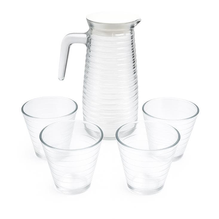 Kit Jarra de Vidro Trabalhado Resistente 800 Ml com Tampa e 4 Copos de 220 Ml cada Agua Sucos Drinks