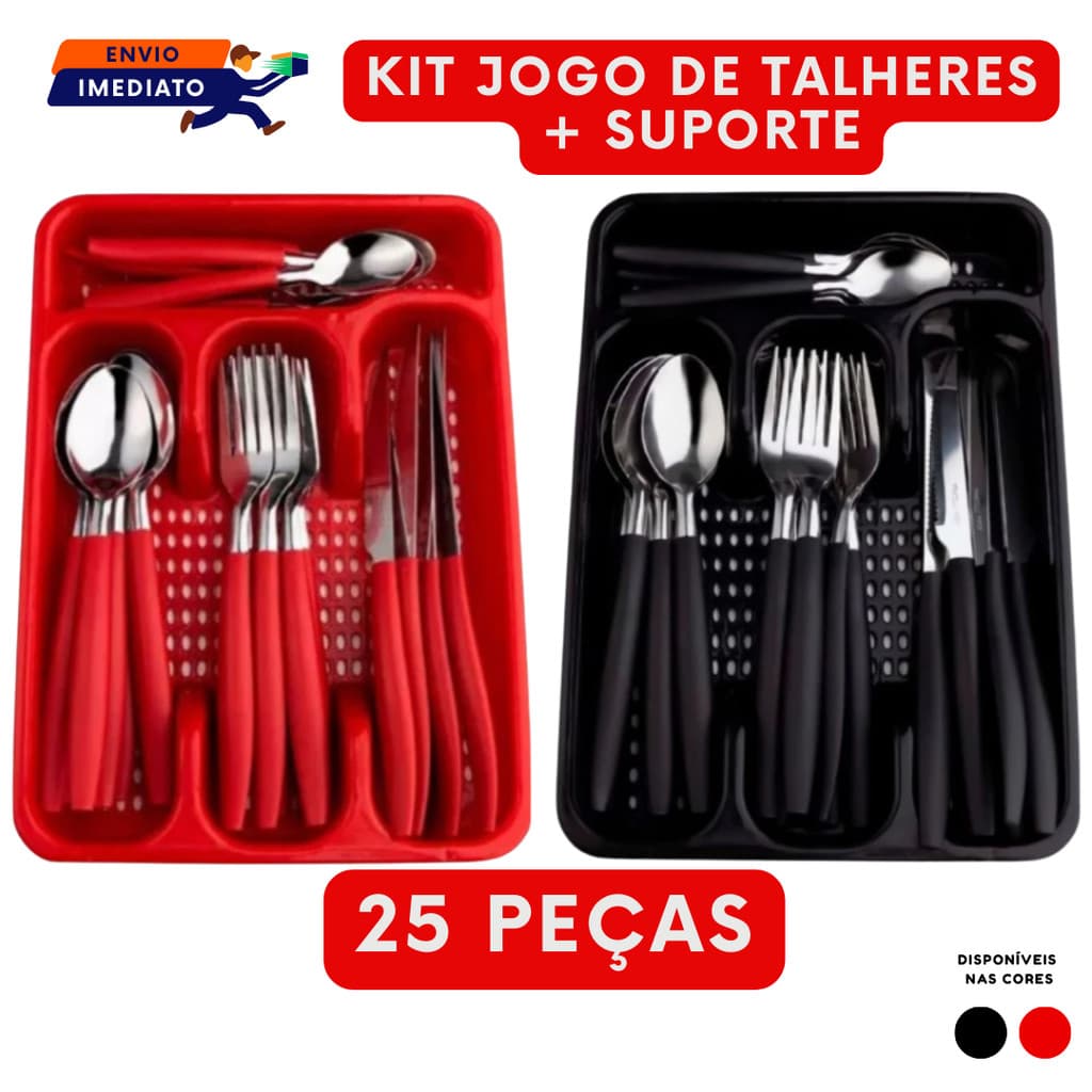 Talheres Inox com Cabo Plástico Preto ou Vermelho Com 24 Peças + Suporte Gaveteiro ideais para sua Cozinha