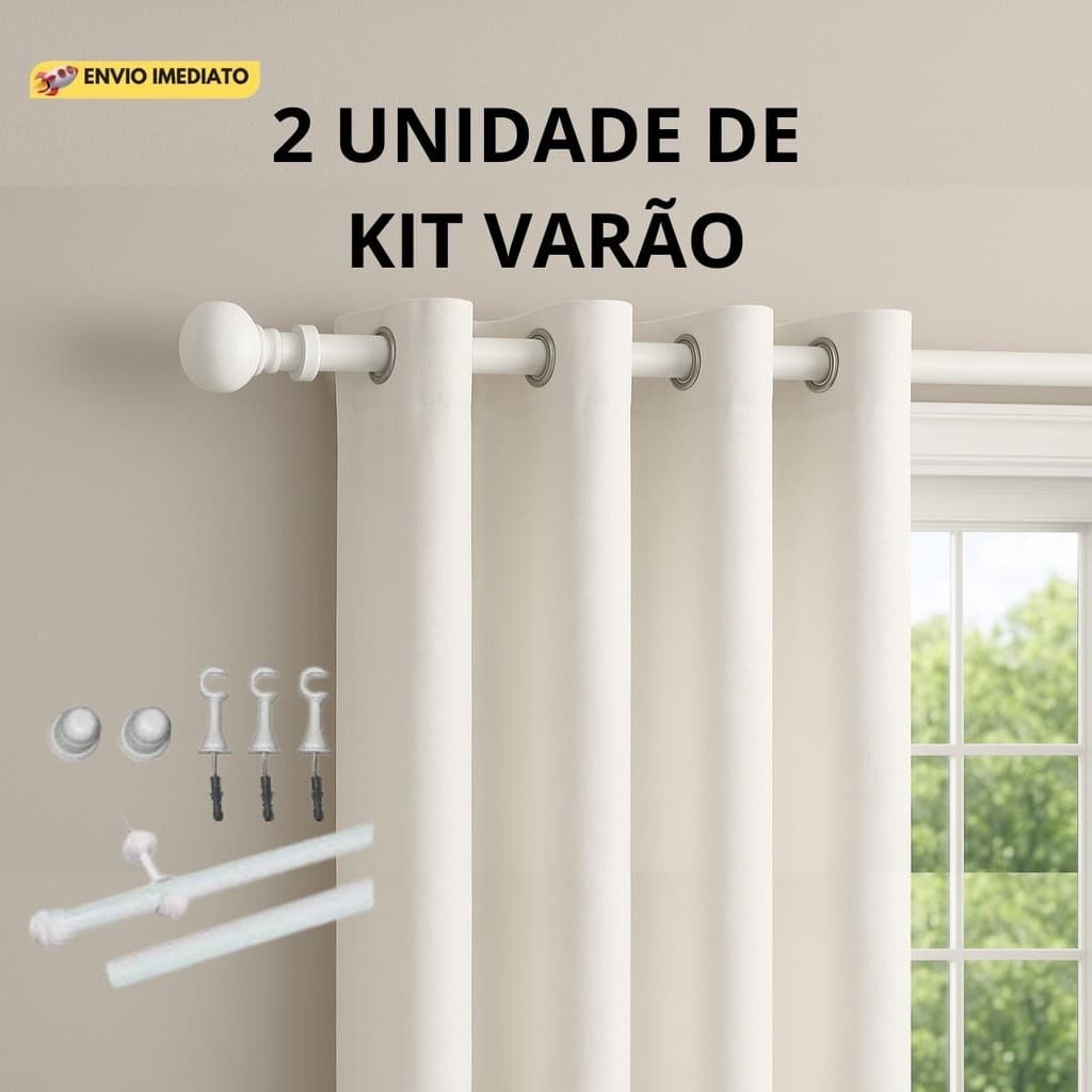 2 KIT Varão De Cortina Madeira Completo Suporte Buchas E Parafusos 2,00M 19,00mm