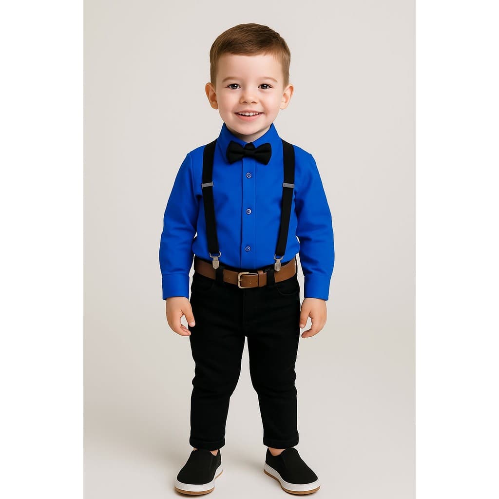 Conjunto Roupa Social Calça Preta Suspensório Camisa Azul Royal Gravata Preta Formatura Pajem Casamento Festa