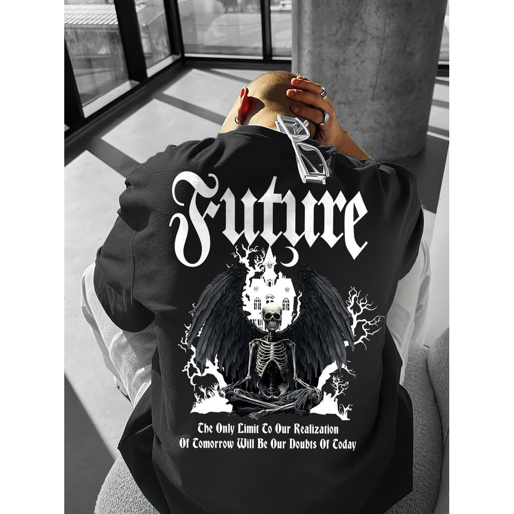 Camiseta Preta Unisex, Design com Esqueleto, Letra "Future" e Texto Inspirador, Moda Urbana