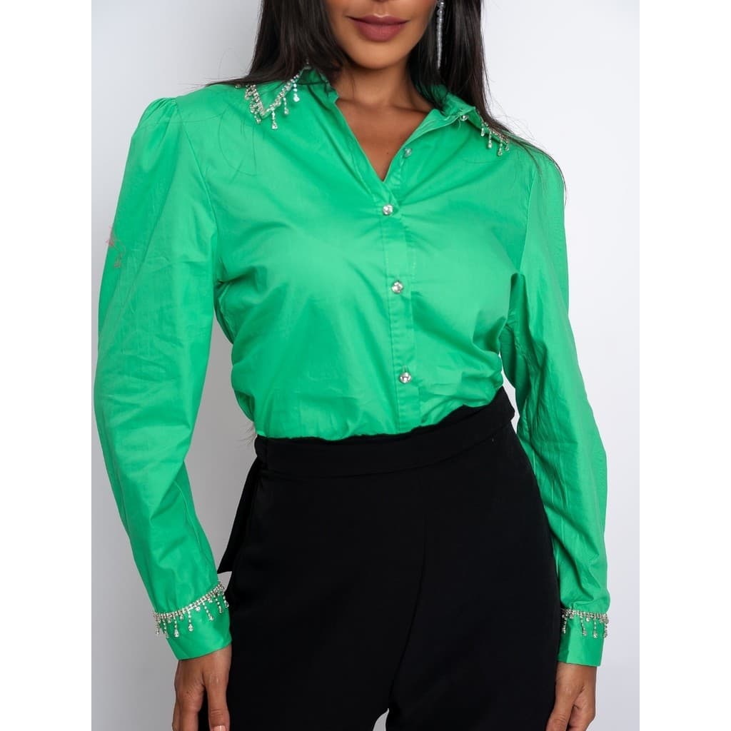 Estrela Fashion Camisa Social Manga Longa com Strass no Colarinho e Algema Feminino 15-246