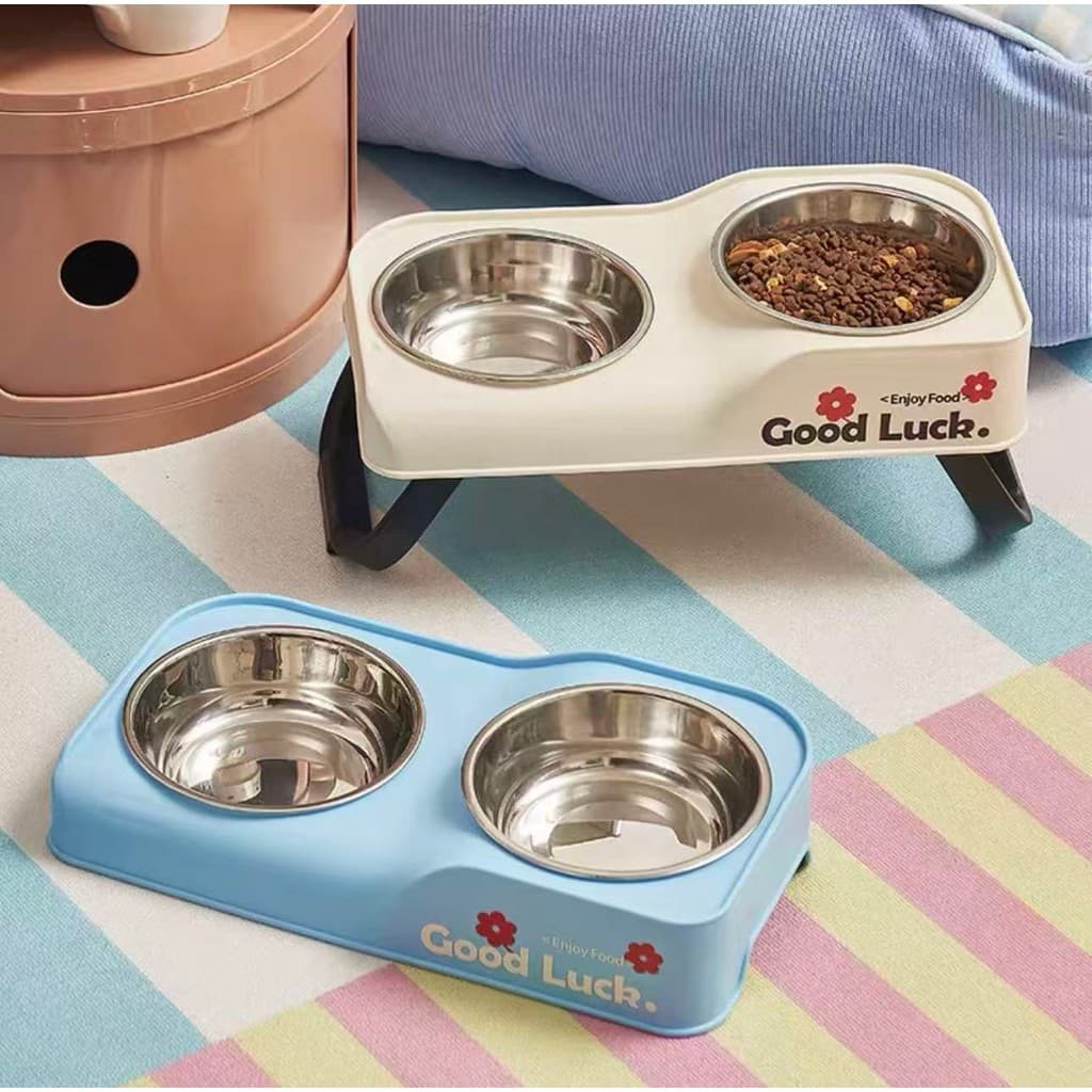 Tigela dobrável para gato e cachorro, com 2 buracos, aço inoxidável altura ajustável