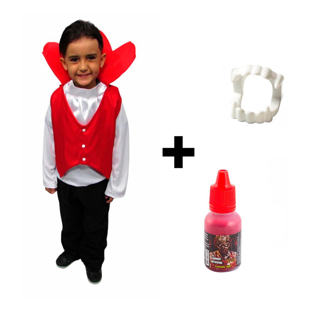 Fantasia Halloween Infantil Vampiro Completo Bebê Menino Conde Drácula com Sangue e Dentadura Dia das Bruxas
