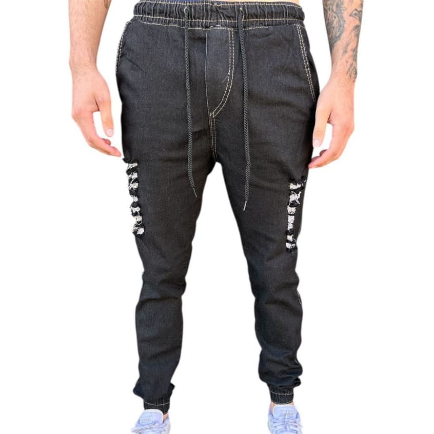 Calça Masculina Jaens Preta Rasgada Jogger Lisa Com Punho Elastico Ajustavel - Envio Imediato - Preço Promocional