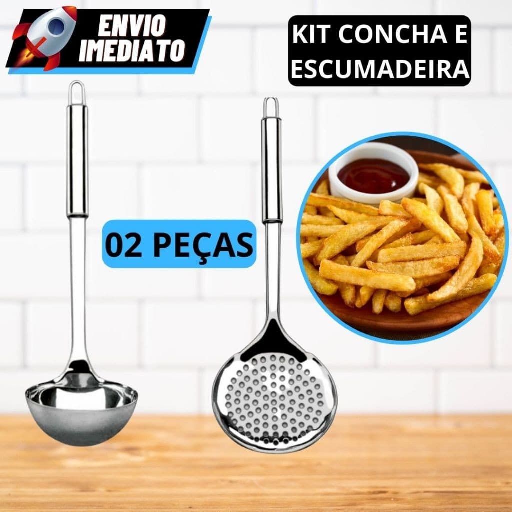 Kit Utensílios de Cozinha 2 Peças Aço Inox Escumadeira Concha