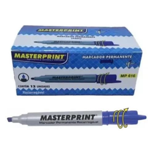 Pincel Marcador Permanente Mp 616 Recarregável - Masterprint Cor Azul Caixa C/12 Unidades