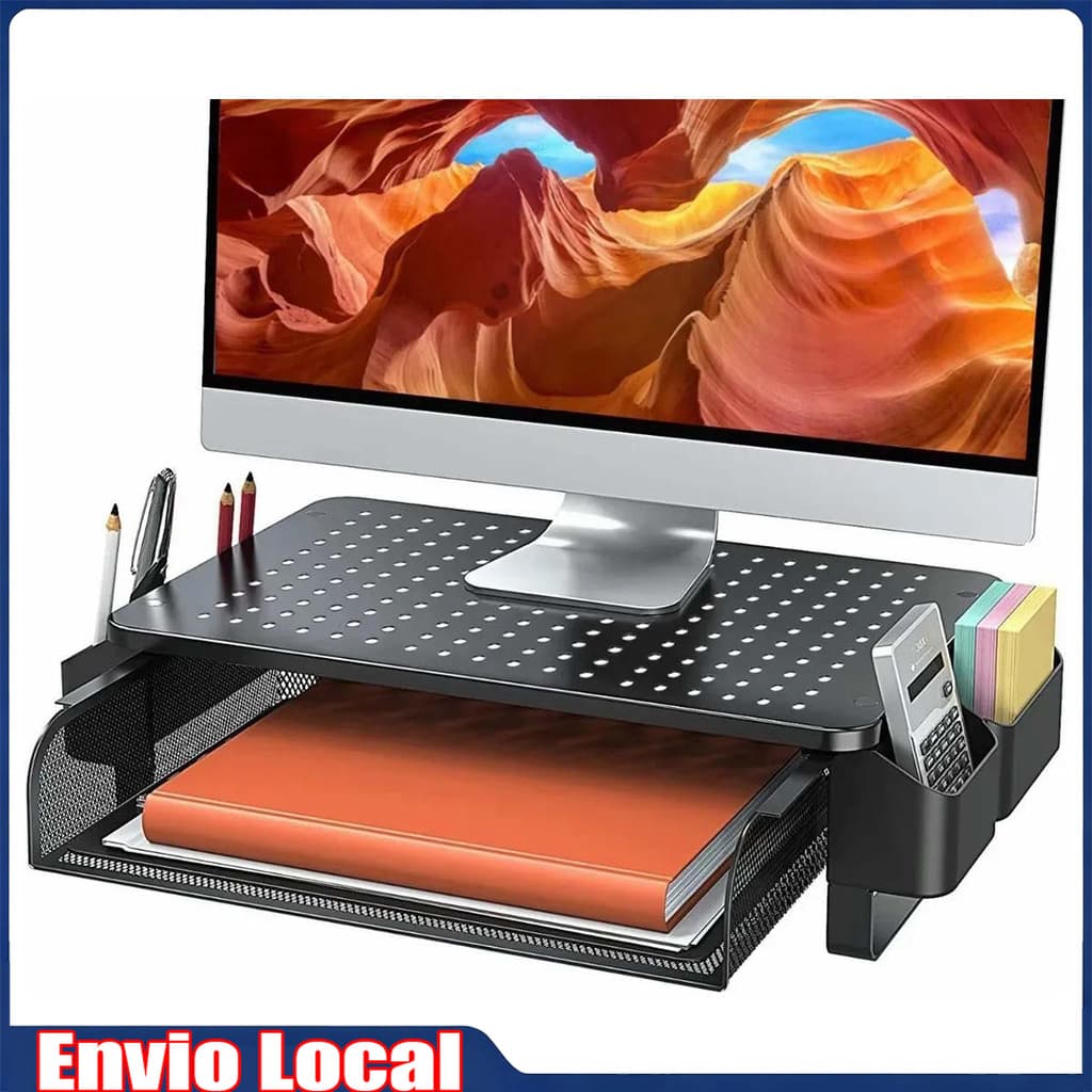 Suporte para monitor de computador de 2 camadas, com gaveta e 2 suportes, suporte para monitor de mesa
