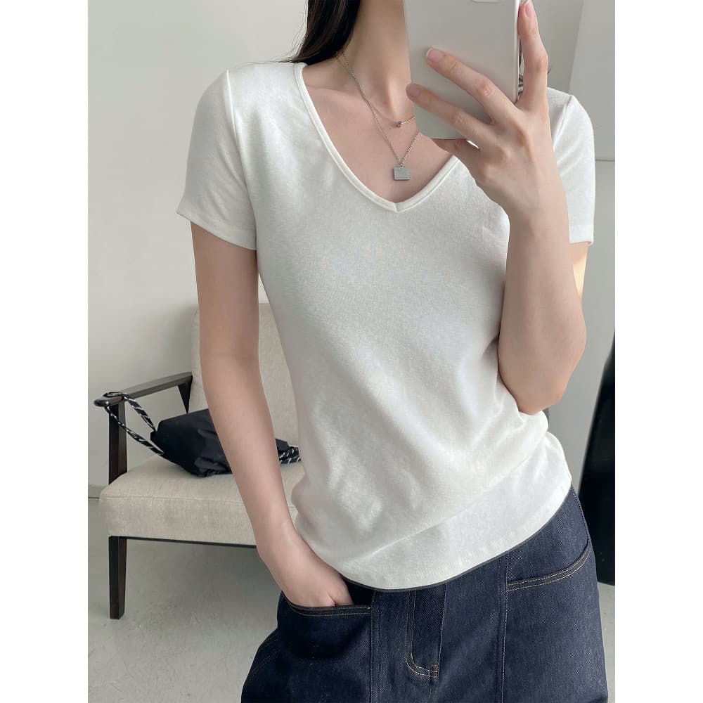 Sun Pomelo branco com decote em V genuíno ombro de manga curta camiseta feminina verão puro algodão High-End quente meni