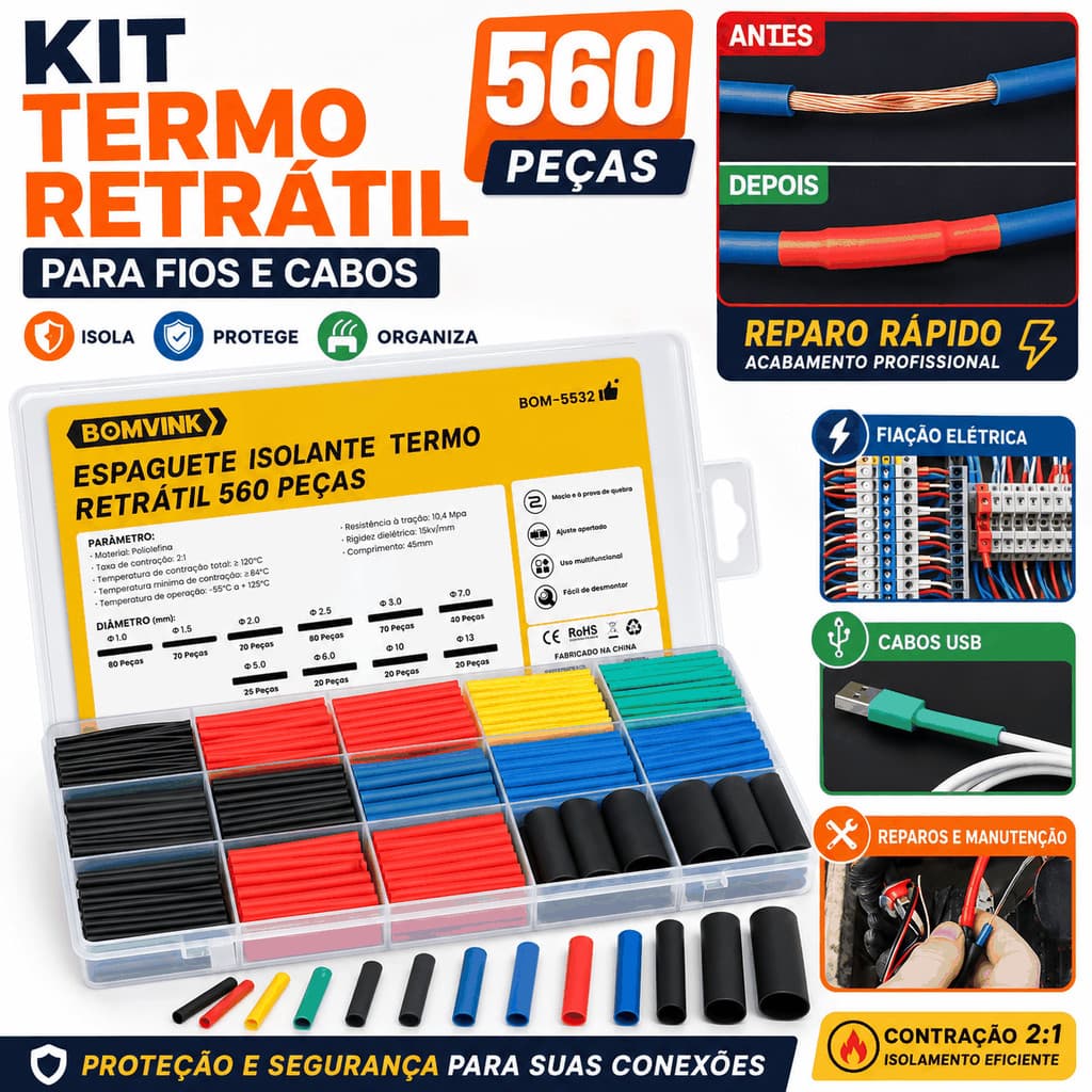 Kit 80/560 Peças Tubo Termorretrátil Colorido - Sem/Com Estojo